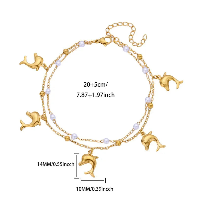 Βραχιόλι ποδιού ατσάλινο με δελφίνια και πέρλες - ΑΝ001