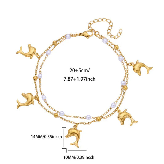 Βραχιόλι ποδιού ατσάλινο με δελφίνια και πέρλες - ΑΝ001