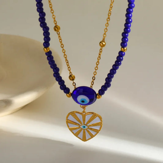 Κολιέ ατσάλινο διπλό με μπλε χάντρες και μάτι και καρδιά - ne547