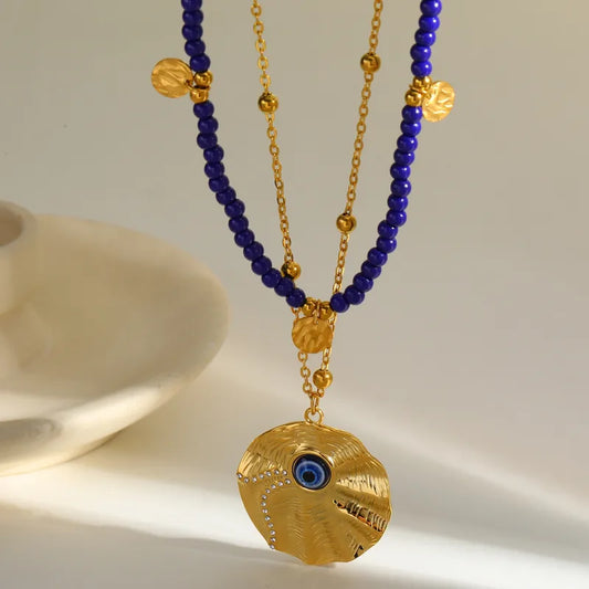 Κολιέ ατσάλινο διπλό με μπλε χάντρες και μάτι - ne131