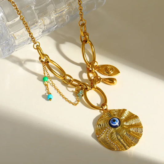 Κολιέ επιχρυσωμένο ατσάλι με μάτι και charms -NE750