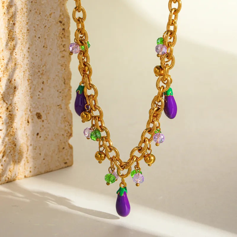 Κολιέ ατσάλινο με κρεμαστές μελιτζάνες - NE613