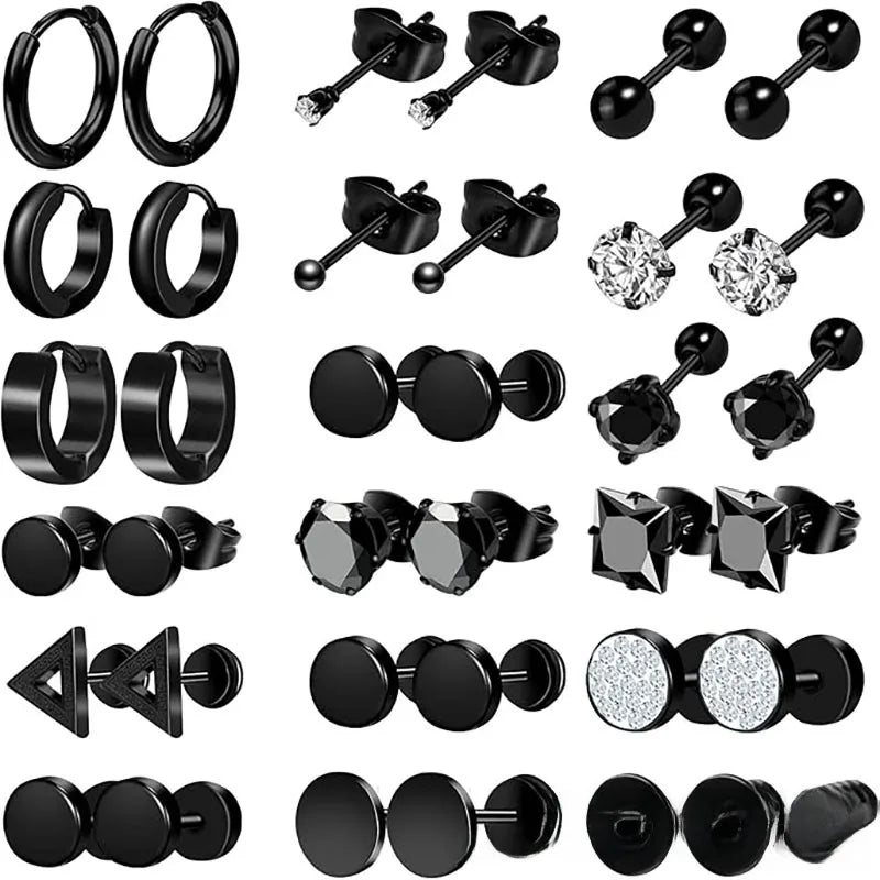 Σετ 18 ζευγάρια σκουλαρίκια μαύρο ατσάλι-SET055