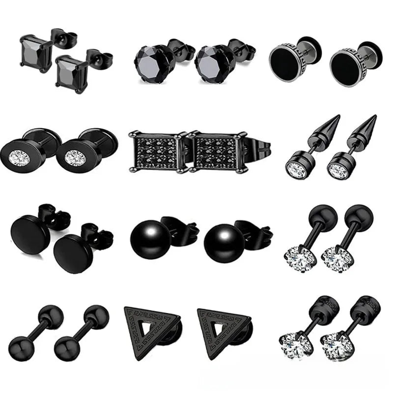 Σετ 12 ζευγάρια σκουλαρίκια μαύρο ατσάλι-SET058