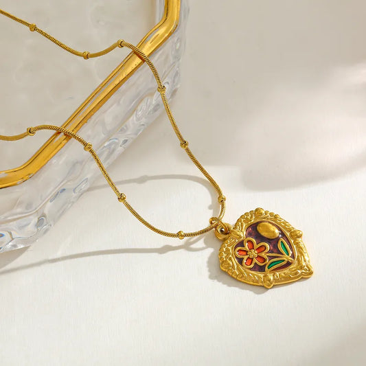*Κολιέ επιχρυσωμένο ατσάλι καρδιά με λουλούδι-NE047