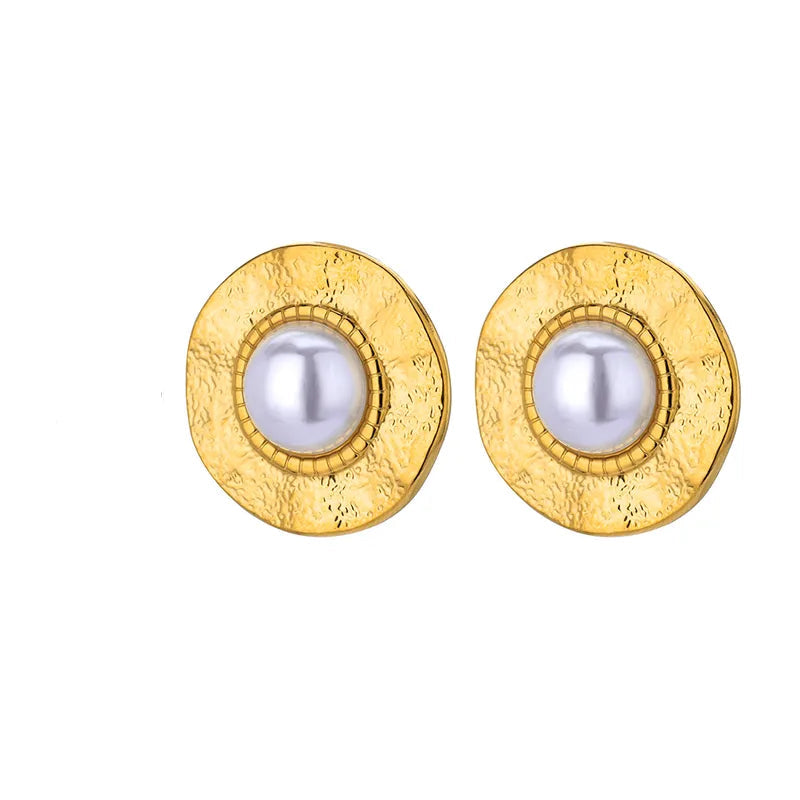 Earrings gold steel disc with pearl-EA410