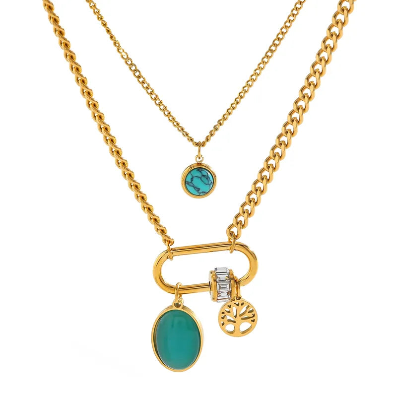 Κολιέ επιχρυσωμένο ατσάλι διπλό με τιρκουάζ-NE448