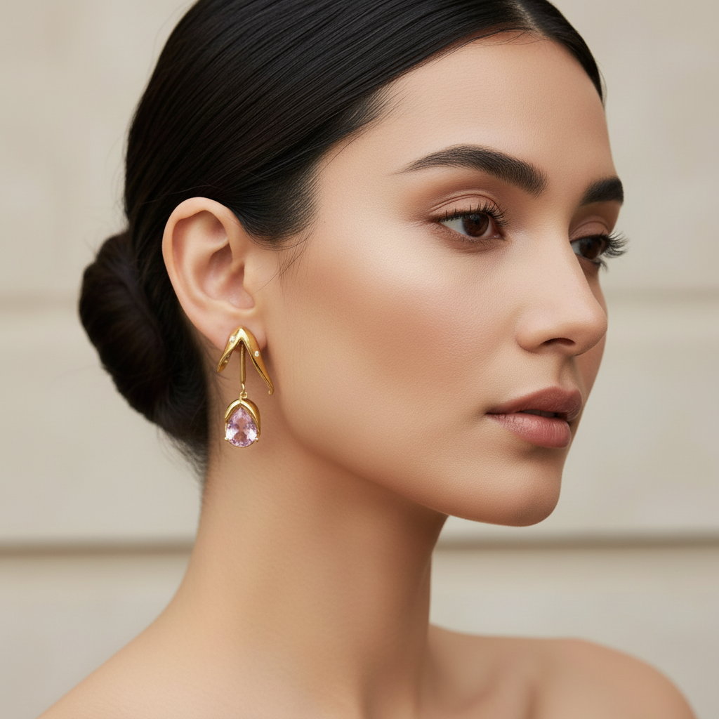 Σκουλαρίκια χρυσό ατσάλι με ροζ πετράδι-EA551