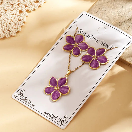 Σετ επιχρυσωμένο ατσάλι με μωβ λουλούδια- SET014