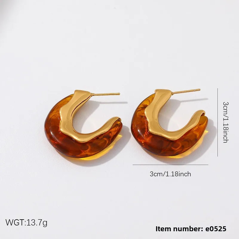 Σκουλαρίκια επιχρυσωμένο ατσάλι κρίκοι με ρητίνη καφέ - EA465