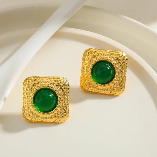 Σκουλαρίκια επιχρυσωμένο ατσάλι με πράσινη πέτρα-EA454