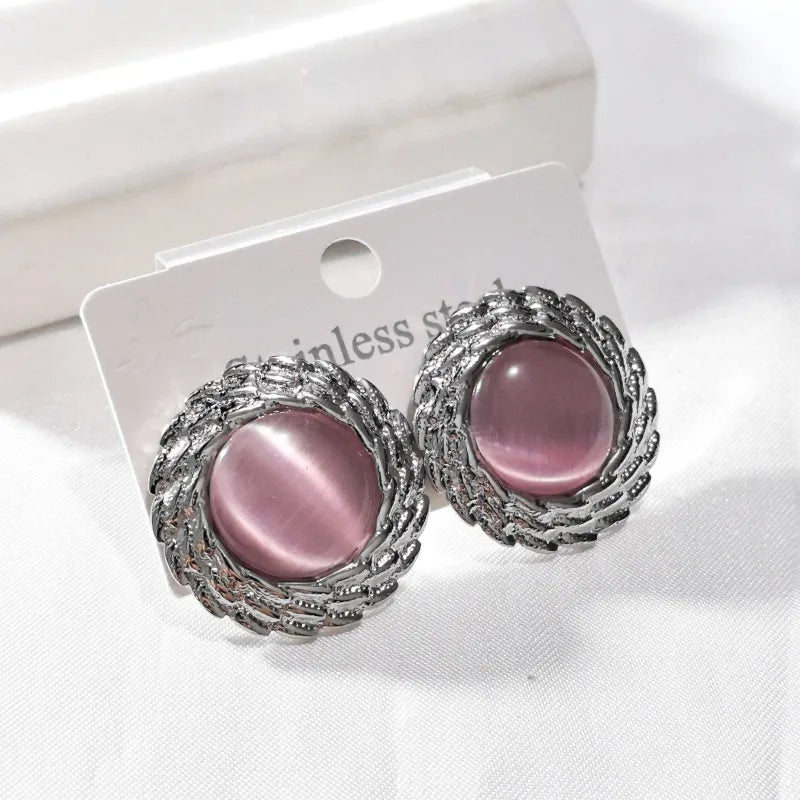 Σκουλαρίκια ατσάλι με ροζ πέτρα-EA441