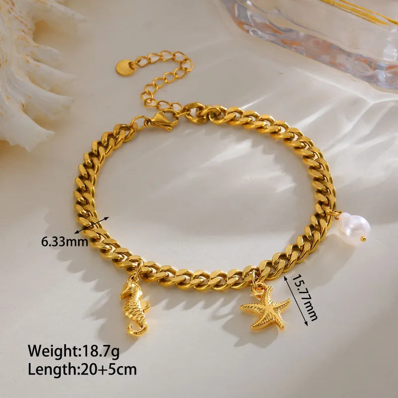 Βραχιόλι ποδιού επιχρυσωμένο ατσάλι με ιππόκαμπο και πέρλα - AN033