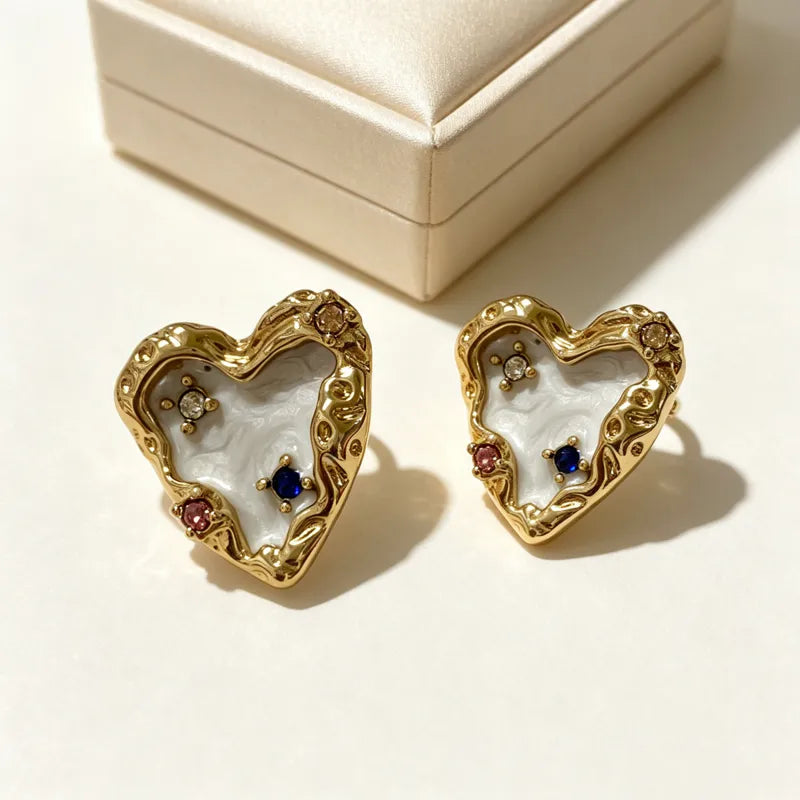 Steel white heart earrings with multicolored rhinestones - EA294