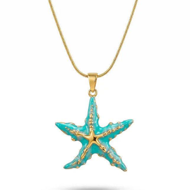 Collar de acero con estrella de mar azul - NE595