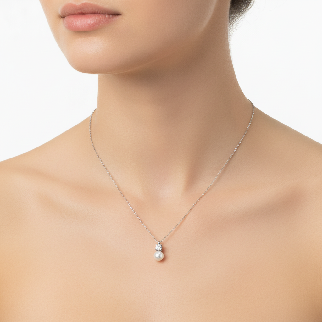 Κολιέ ατσάλι με zircon και πέρλα-NE516