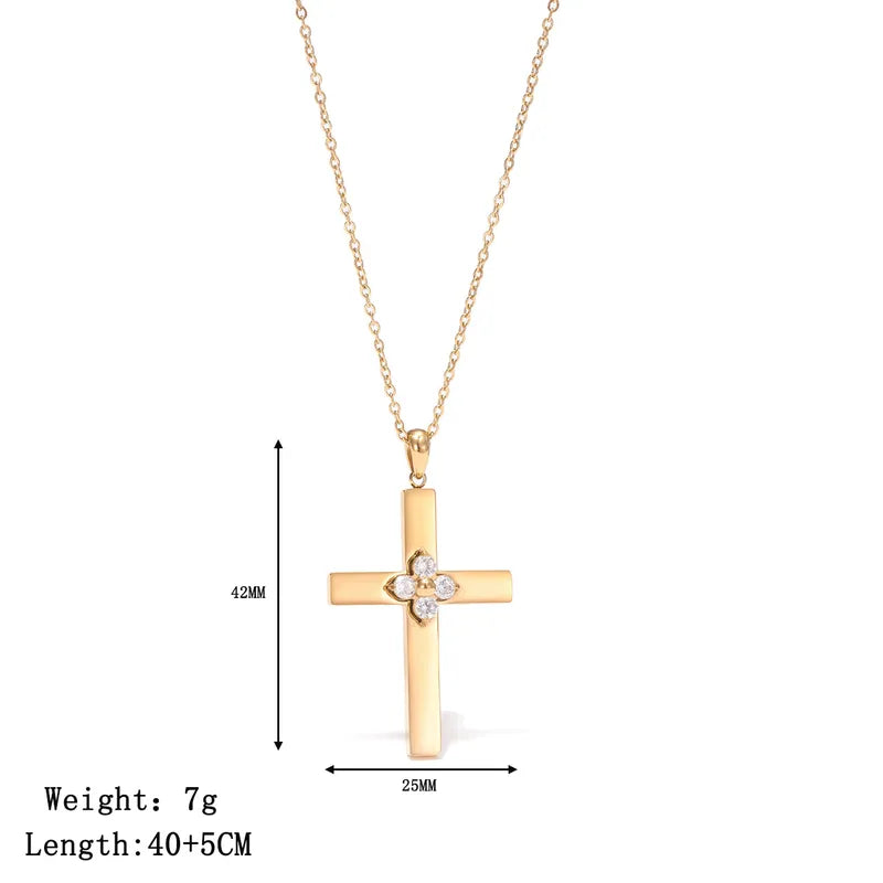 Κολιέ ατσάλι με σταυρό zircon-NE004