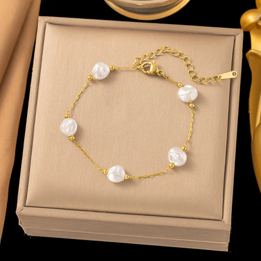 Βραχιόλι ατσάλι με επίπεδες πέρλες-BR150