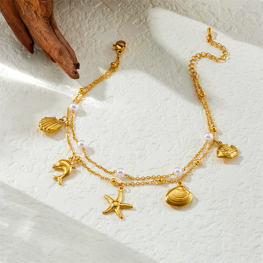 Bratara de glezna din otel auriu cu perle si modele marine-AN068