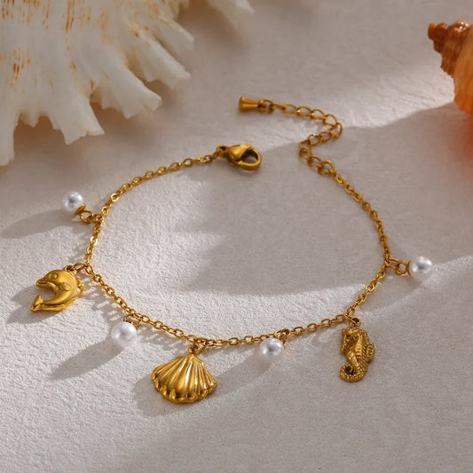 Βραχιόλι επιχρυσωμένο ατσάλι με θαλασσινά στοιχεία- BR524