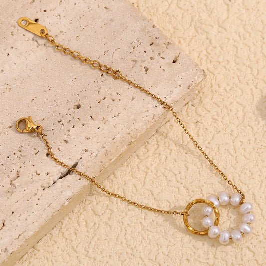 Βραχιόλι επιχρυσωμένο ατσάλι με πέρλα και δαχτυλίδι - BR398