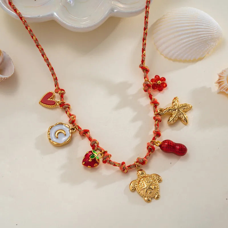 Κολιέ επιχρυσωμένο ατσάλι με καλοκαιρινά κόκκινα σχέδια - NE660