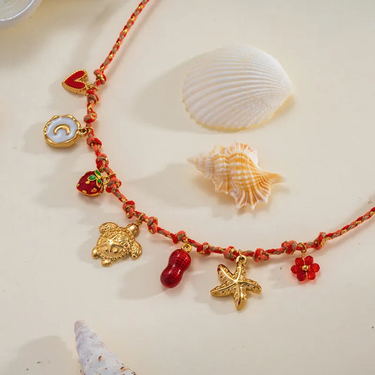 Κολιέ επιχρυσωμένο ατσάλι με καλοκαιρινά κόκκινα σχέδια - NE660