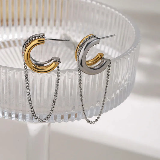 Earrings steel rings with chain-ea275