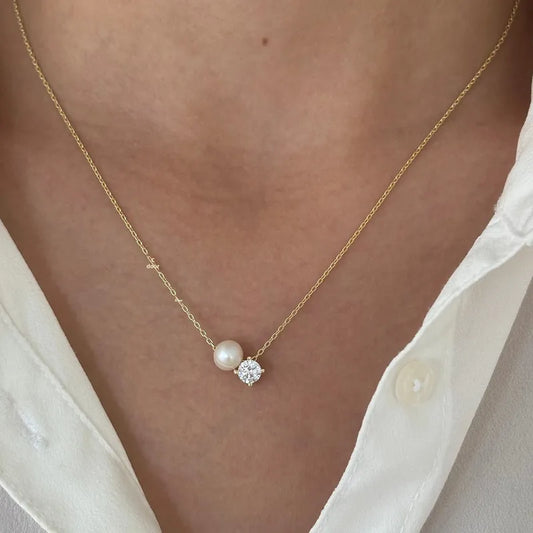 Collar de acero con perla y circonita - NE176