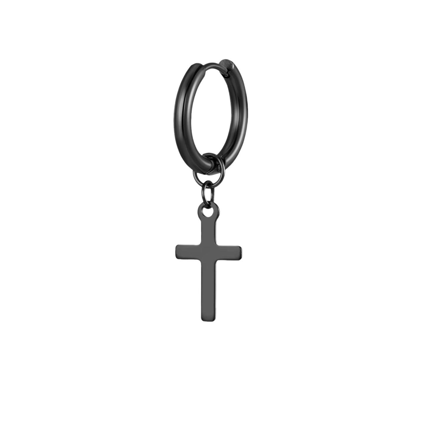 Black hoop earring with hanging steel cross (1 piece) - EA442