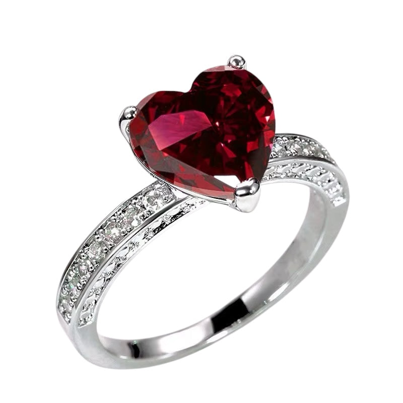 Brass ring with zircon and red heart - w276