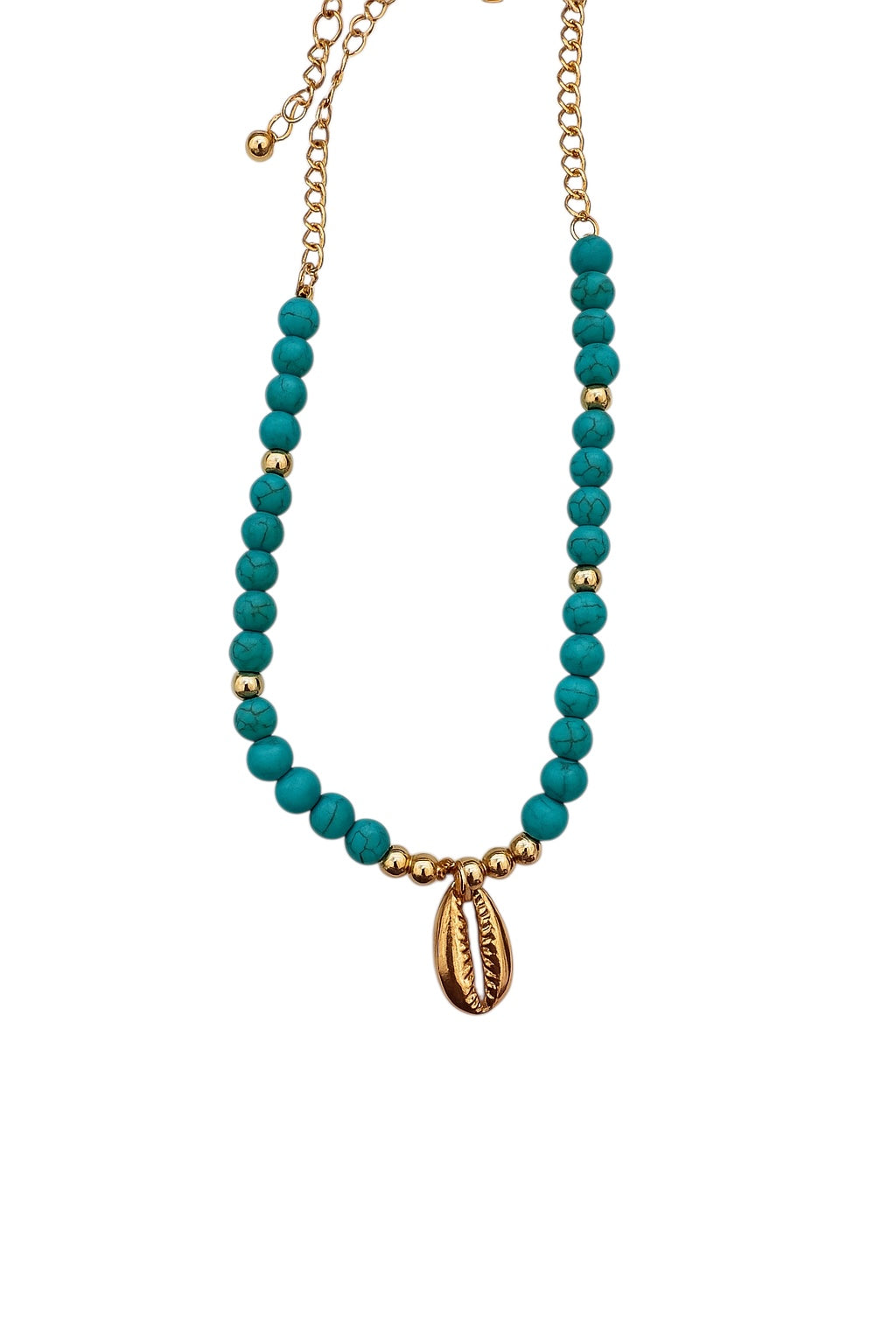 Κολιέ ορειχάλκινο με μπλε πέτρες και κοχύλι -w342