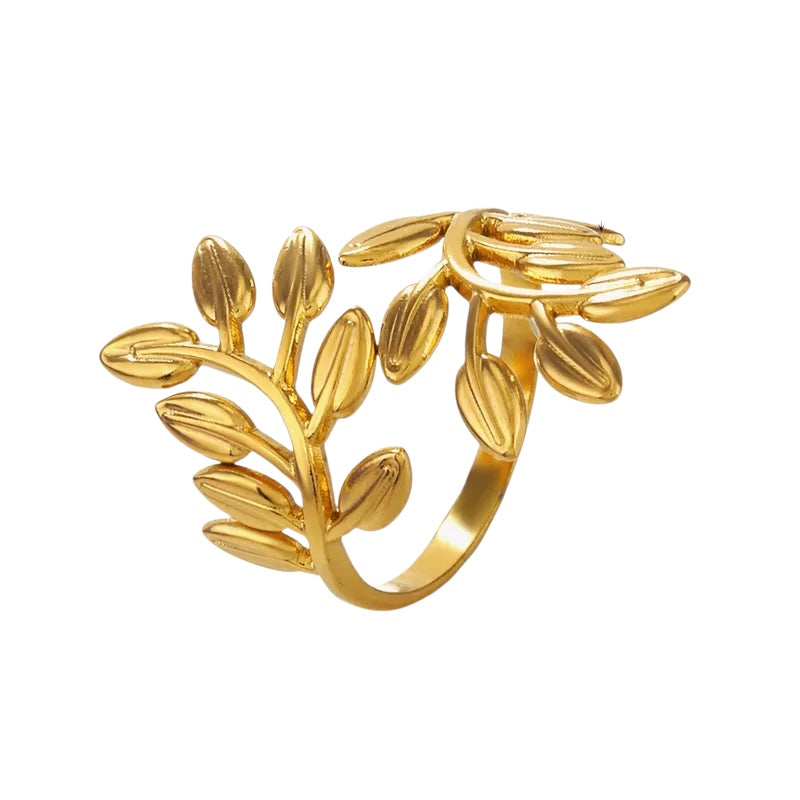 Δαχτυλίδι ατσάλινo με χρυσά φύλλα - w354