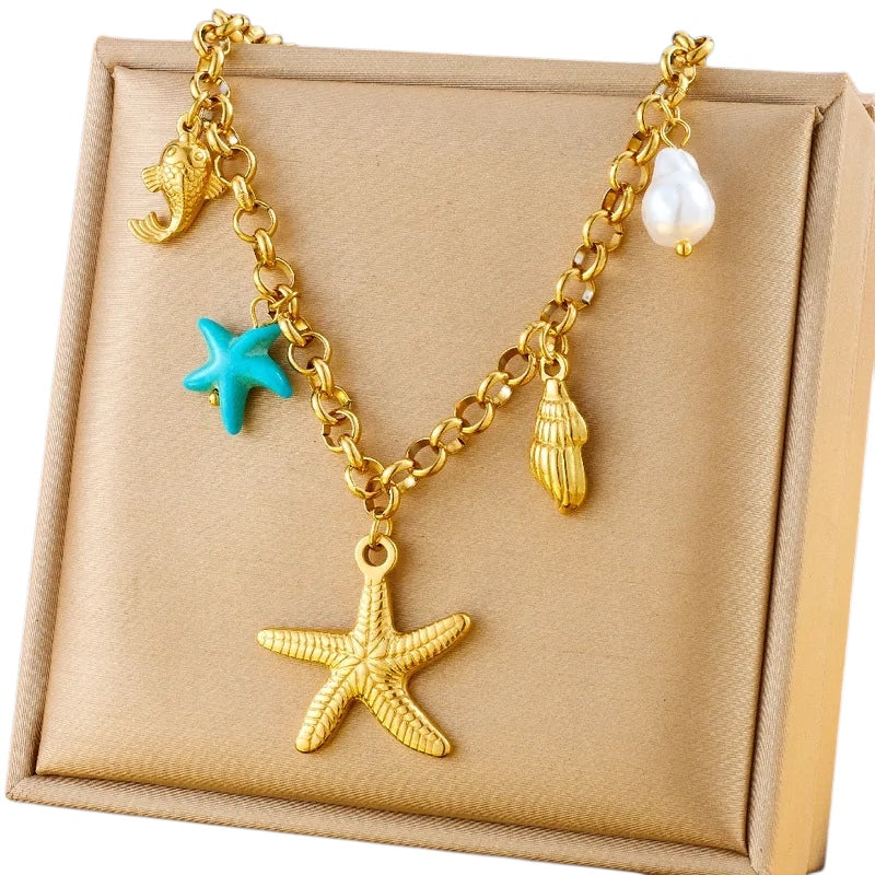 Κολιέ ατσάλινο με αστερία και charms- NE097