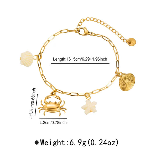 Bracelet gilded steel with crab and shells