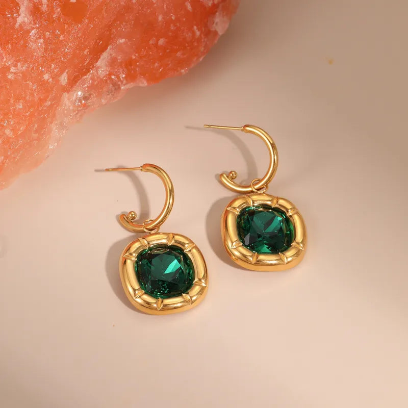 Earrings Gold Plum Curved Bloc with Green Zircon-EA506