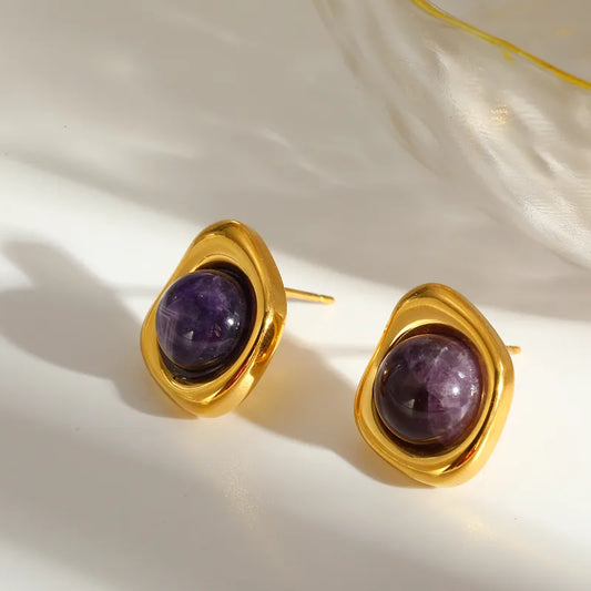 Cercei din oțel placat cu aur cu ametist-EA824