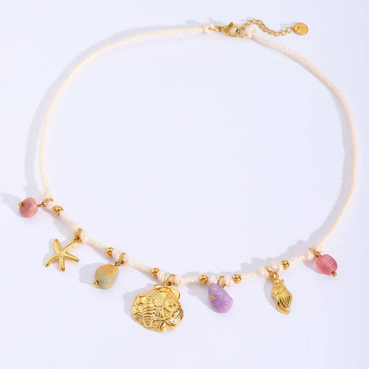 Κολιέ επιχρυσωμένο ατσάλι με πέτρες και καλοκαιρινά στοιχεία - NE782