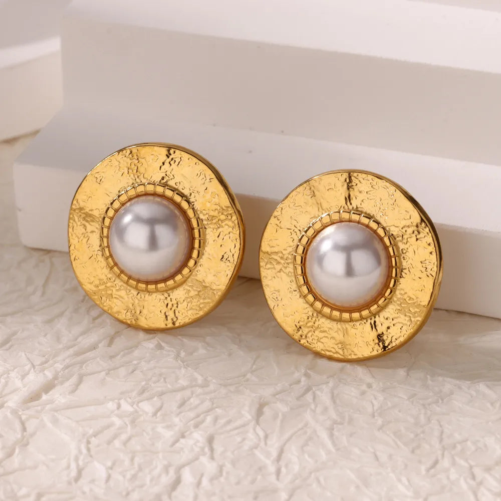 Earrings gold steel disc with pearl-EA410