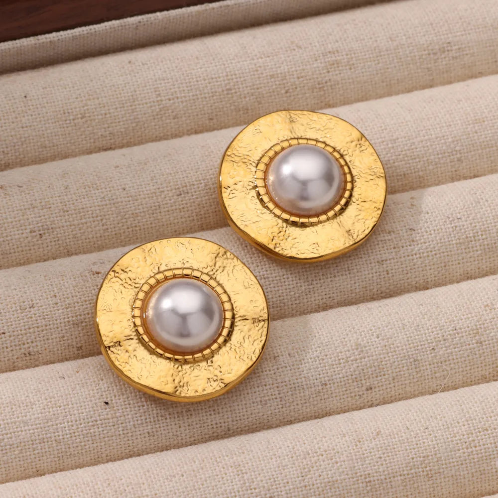 Earrings gold steel disc with pearl-EA410