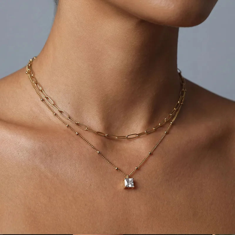 Κολιέ επιχρυσωμένο ατσάλι διπλό με zircon-NE183