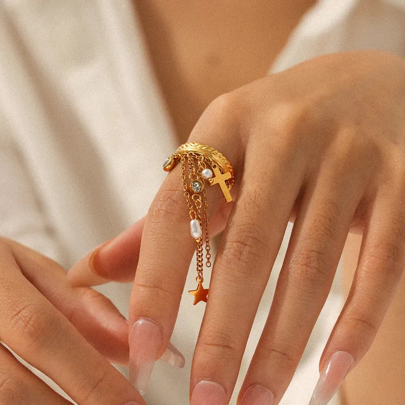 Δαχτυλίδι επιχρυσωμένο ατσάλι με zircon σταυρό και αλυσίδες-R285