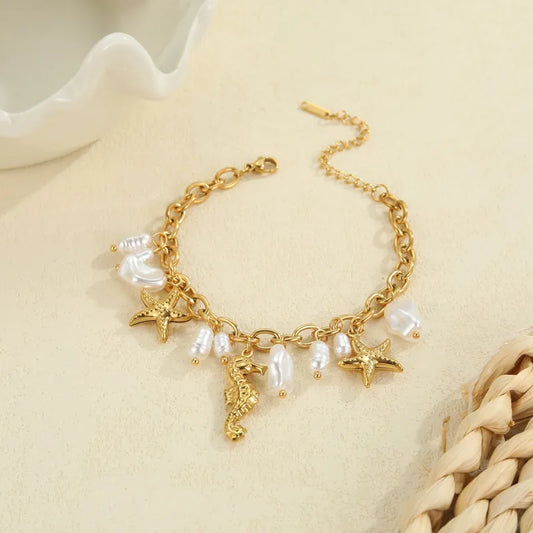 Βραχιόλι ατσάλινο με πέρλες και χρυσά στοιχεία - BR377