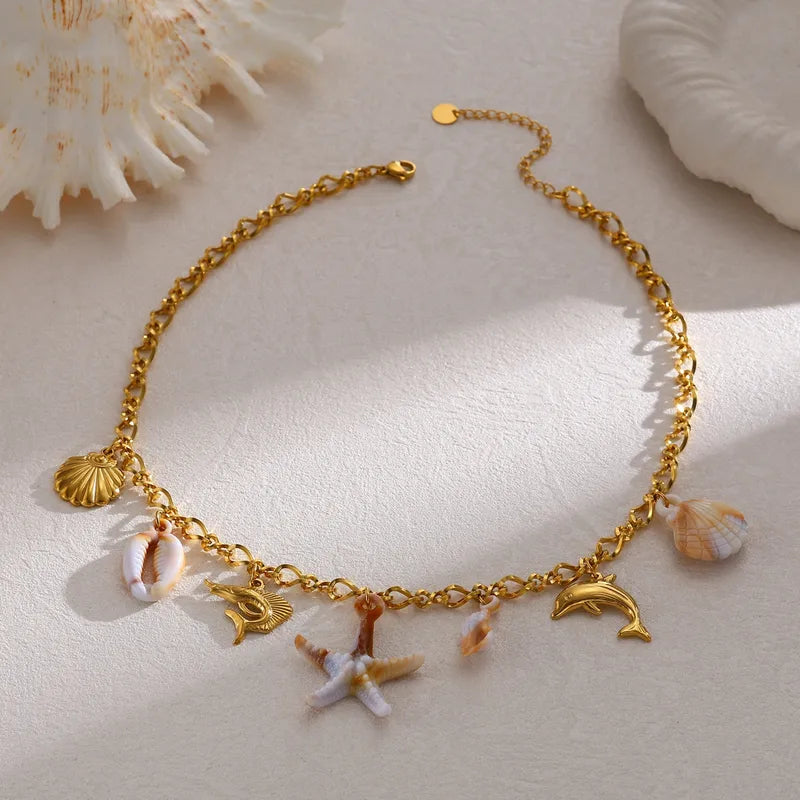 Κολιέ ατσάλινο με αστερία καφέ - NE771