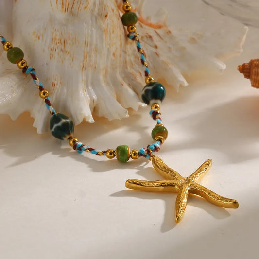 Κολιέ με κορδόνι και ατσάλινο αστερία - ne488