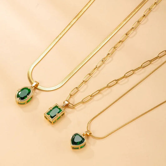 Κολιέ ατσάλι τριπλό με πράσινες πέτρες- NE668