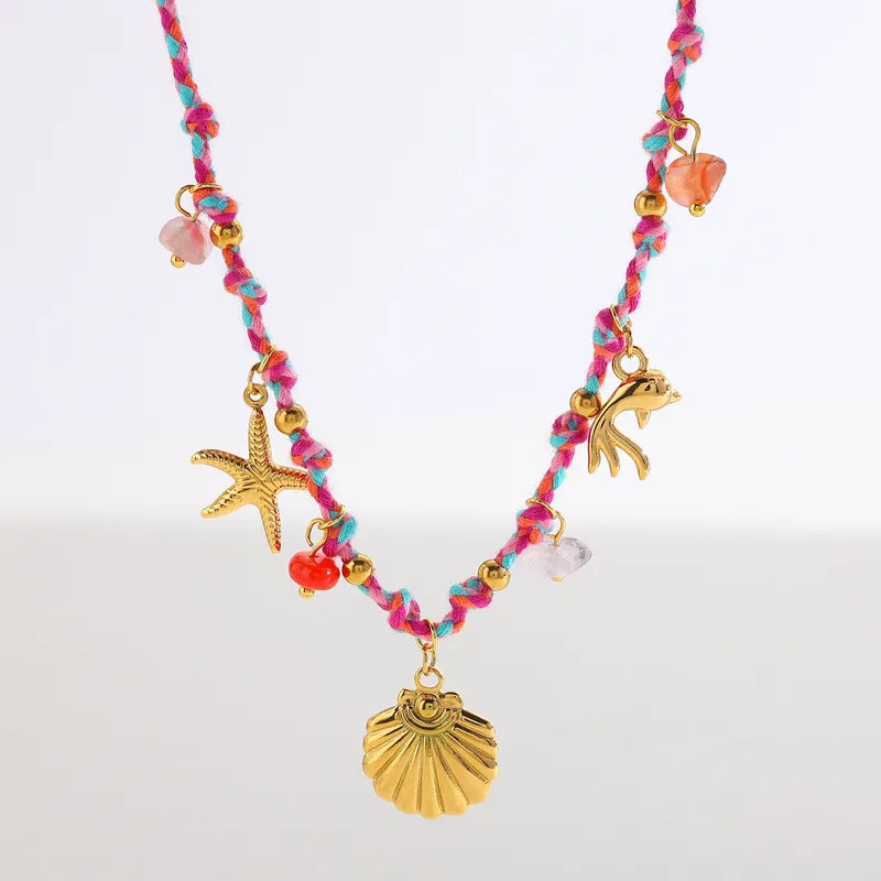 Κολιέ με ροζ κορδόνι και κοχύλια - NE773