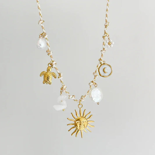 Necklace gilded steel with summer symbols and pearls-