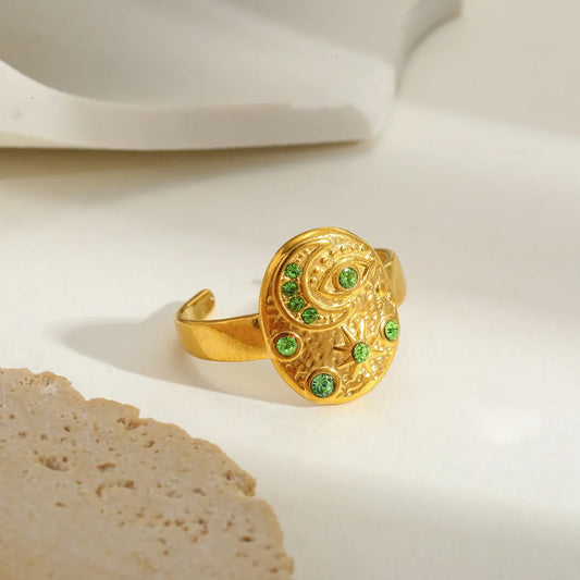Δαχτυλίδι επιχρυσωμένο ατσάλι με πράσινα zircon-R042