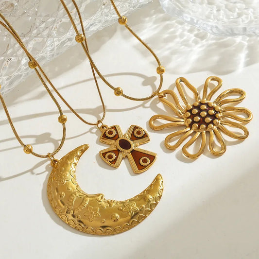 Colier cruce maro din oțel placat cu aur-NE500